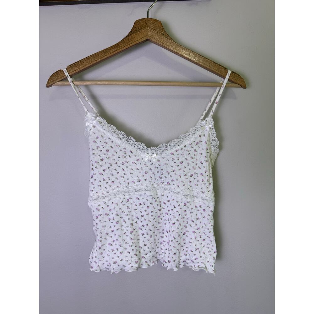 Vintage Y2K Just Polly Floral Pointelle Lace Trim Cami Tank Top XS Coquette - Picture 2 of 6